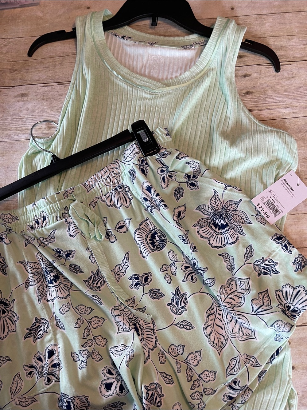 Two Piece Summer PJ Set pale Green & Blue Bottoms & Tank Top Large NWT - Picture 10 of 13
